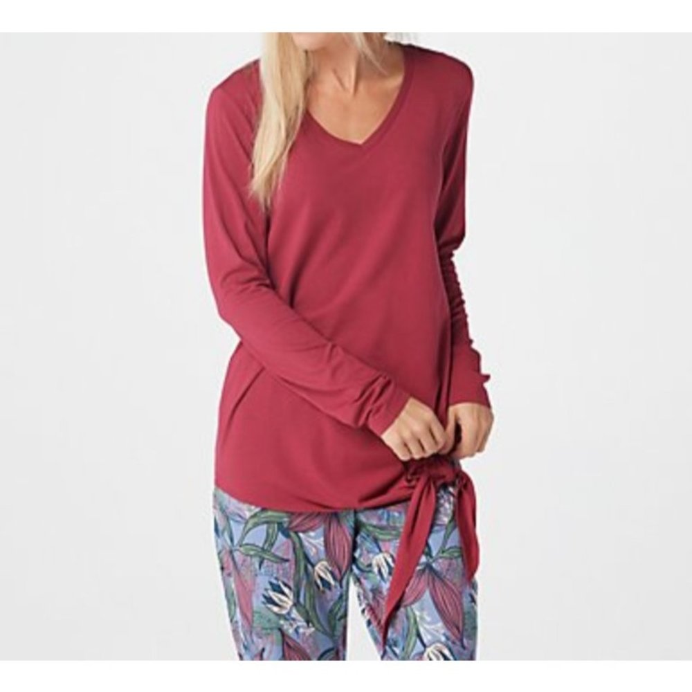 AnyBody Long Sleeve Side Tie Top Berry Red/Wine Size Small